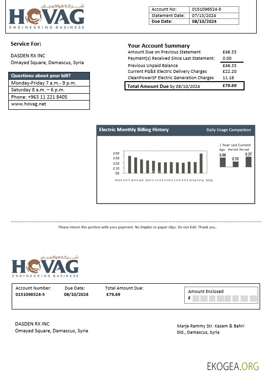 Modèle de facture de services publics d'électricité de la société syrienne HOVAG aux formats Word et PDF